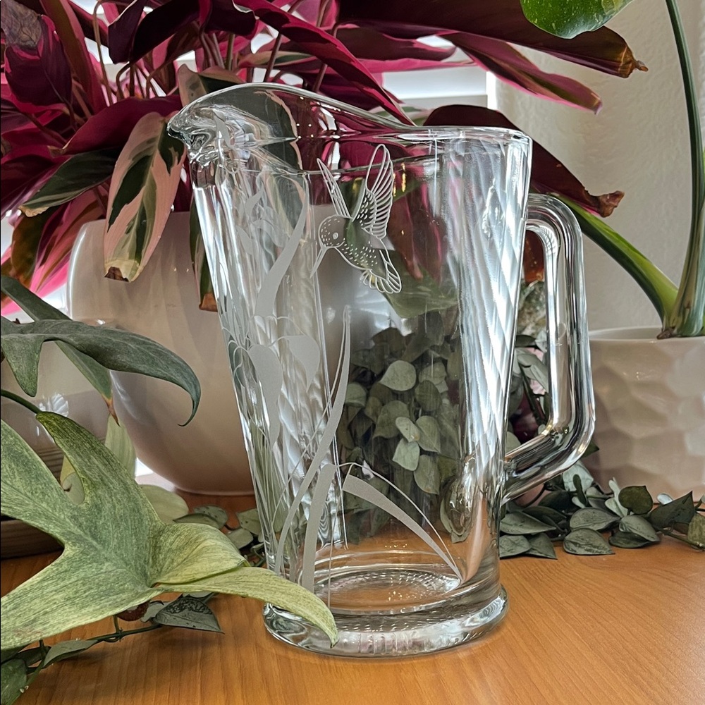 Etched Glass Pitcher Featuring Irises & Hummingbird EUC